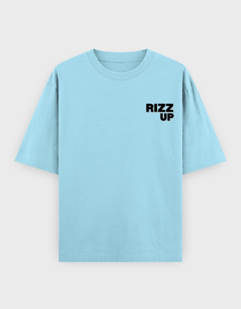 Sky Blue RIZZ UP Minimalist Oversized Tee with Bold Logo for Casual Wear