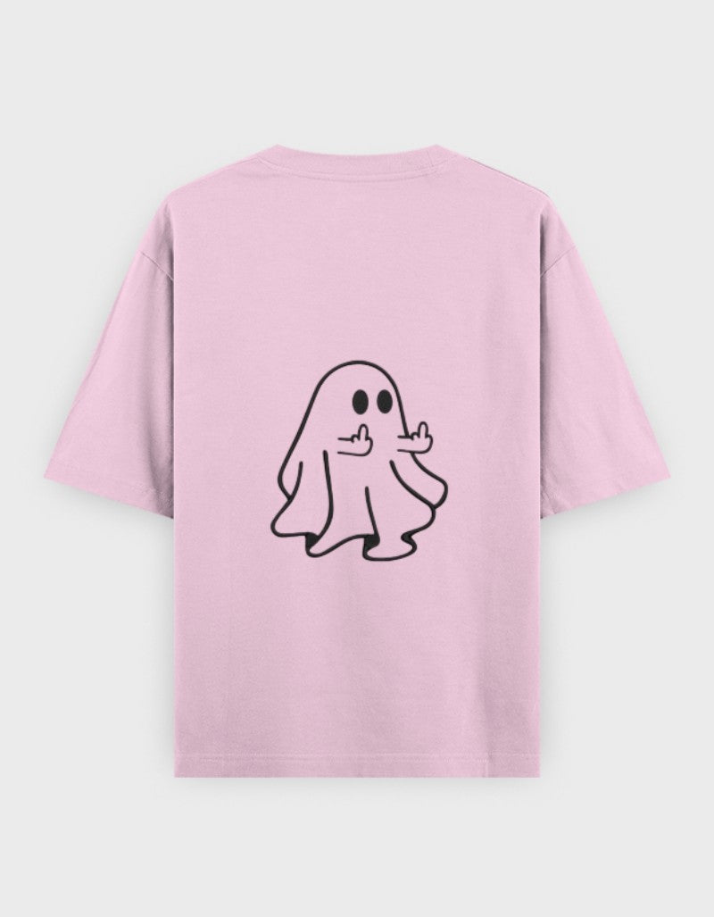 RIZZ UP Minimalist Oversized Tee in Pink featuring a playful ghost graphic on the back