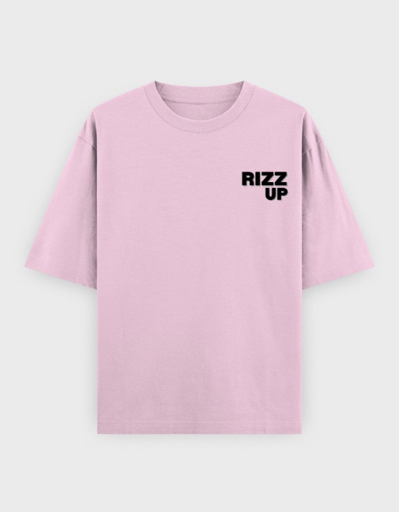 RIZZ UP minimalist oversized tee in soft pink with a simple logo for a casual look
