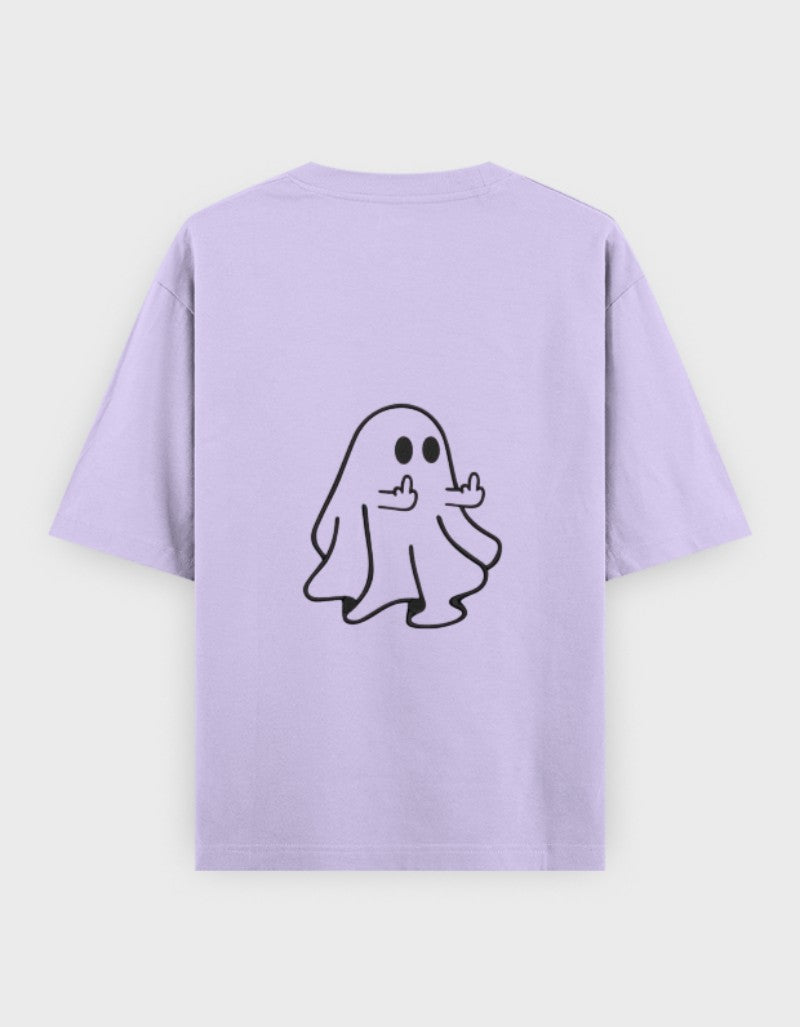 RIZZ UP minimalist oversized tee in lavender with playful ghost design on the back