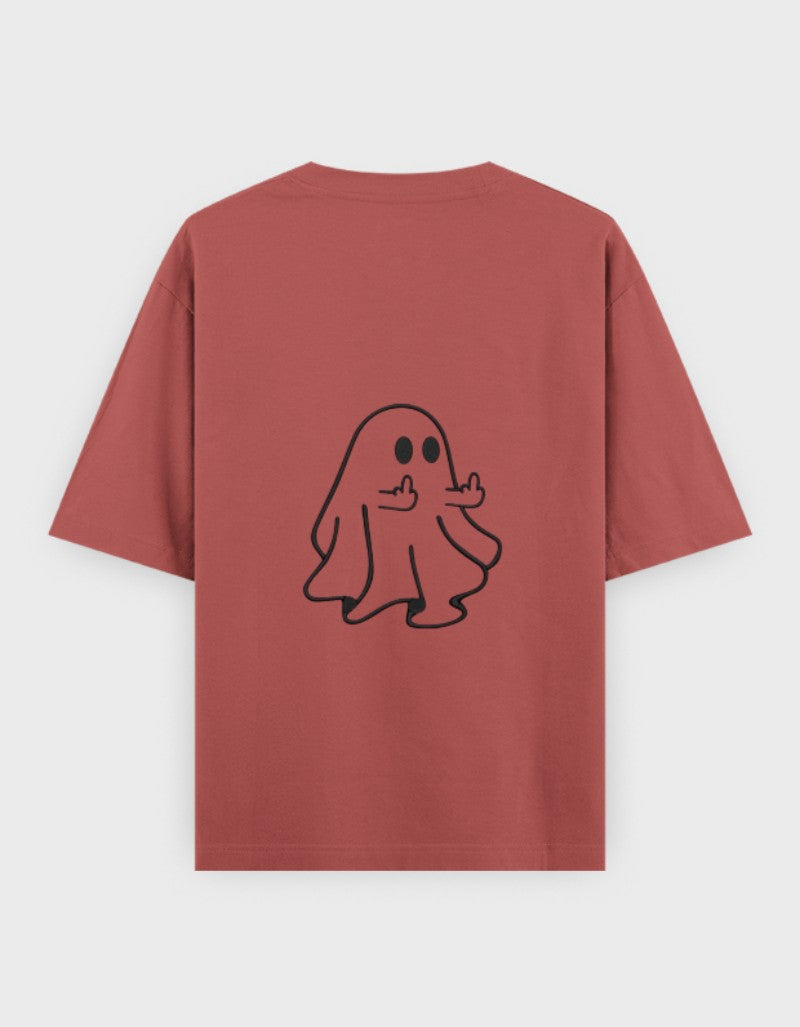 RIZZ UP Minimalist Oversized Tee in Rust with Unique Ghost Graphic on the Back