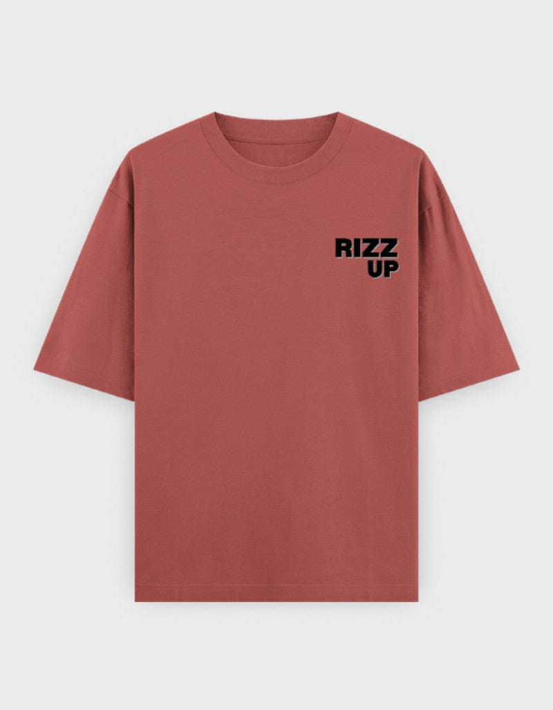 RIZZ UP minimalist oversized tee in dusty rose color with simple logo design on the chest