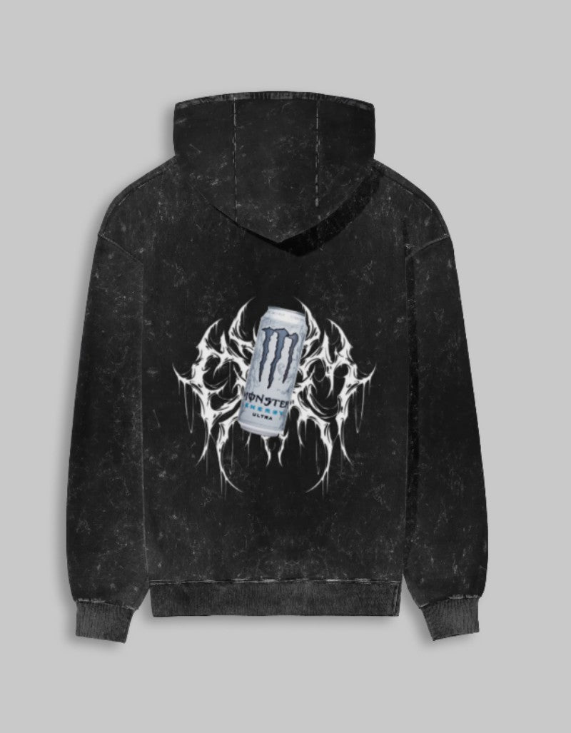 RIZZ UP Monster Acid Washed Hoodie featuring a bold design with Monster energy drink graphics