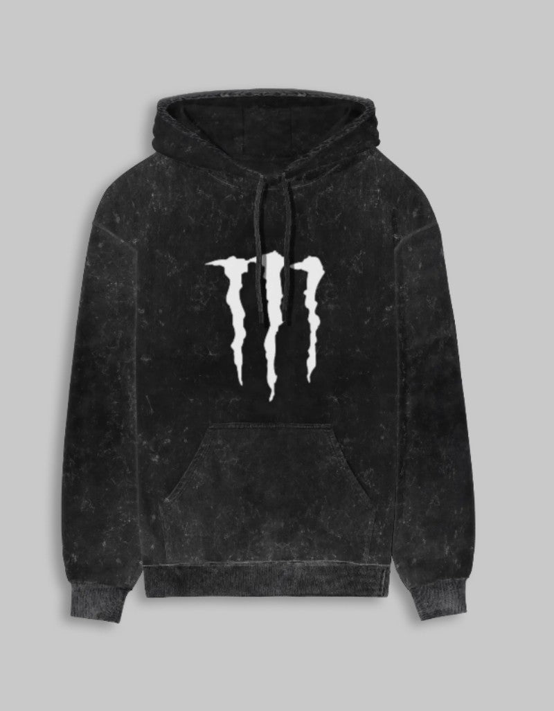 RIZZ UP monster acid washed hoodie in black with white claw logo for casual streetwear