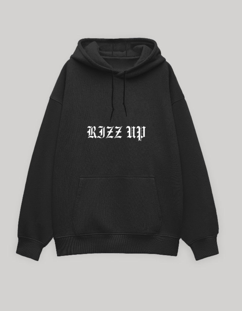 Oversized gothic hoodie by RIZZ UP in black featuring a front pocket and bold logo