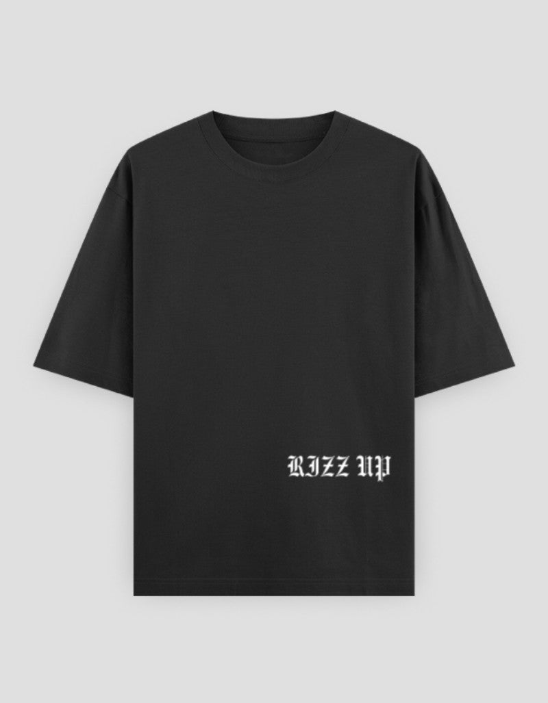 RIZZ UP oversized gothic t-shirt in black with unique graphic design