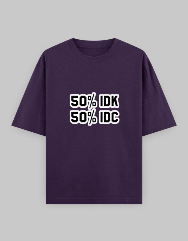RIZZ UP oversized graphic t-shirt in purple featuring a playful 50% IDK 50% IDC design