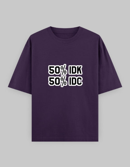 RIZZ UP oversized graphic t-shirt in purple featuring a playful 50% IDK 50% IDC design