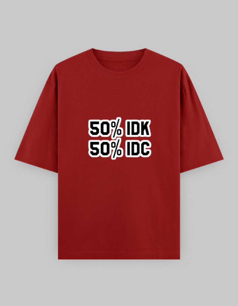 RIZZ UP oversized graphic t-shirt in red with bold 50% IDK 50% IDC text design