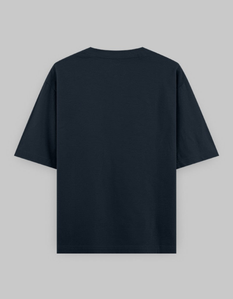 Back view of a navy oversized graphic t-shirt from RIZZ UP with relaxed fit and short sleeves