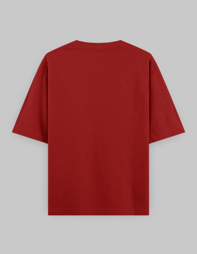 Back view of a red oversized graphic t-shirt by RIZZ UP with a comfortable fit