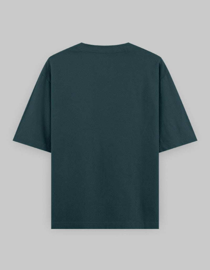 Back view of RIZZ UP oversized graphic t-shirt in dark green for casual streetwear fashion