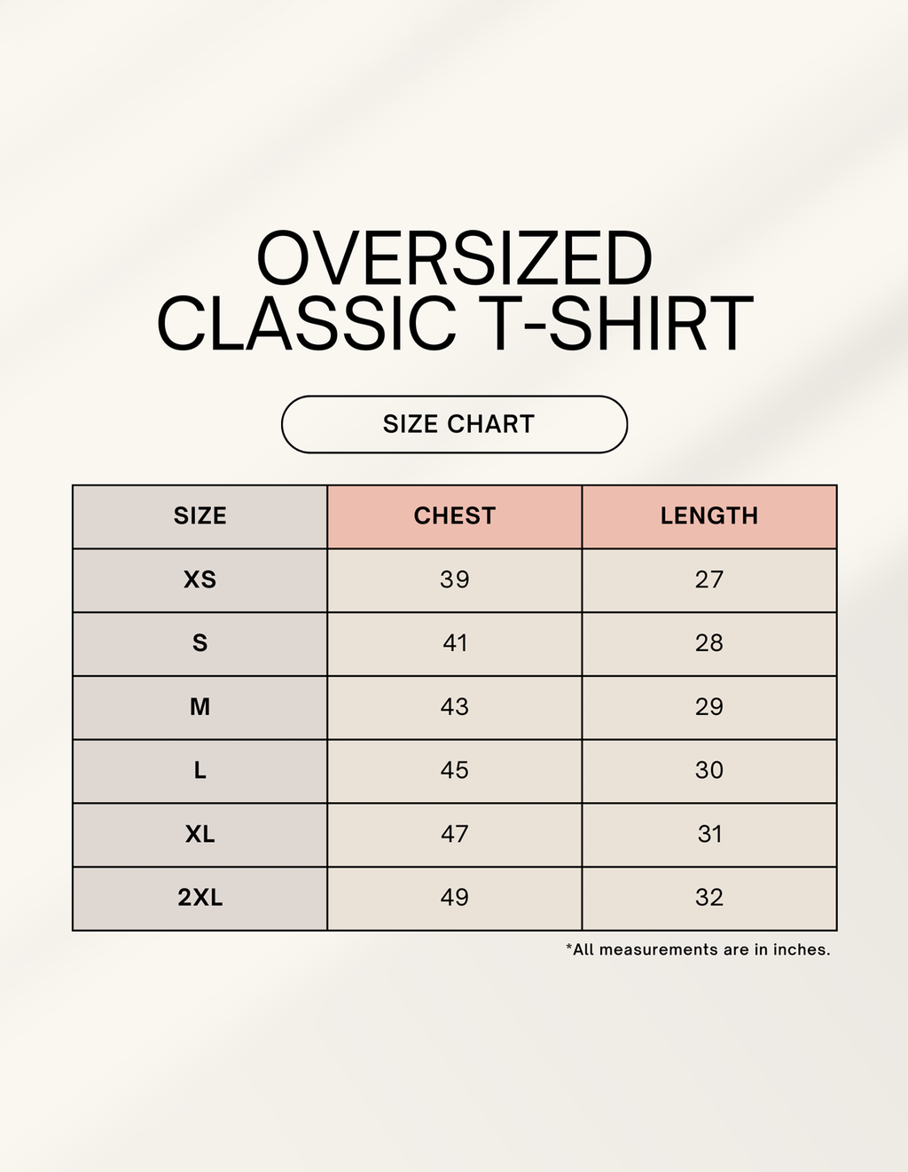 Size chart for oversized skeleton hand t-shirt showing chest and length measurements in inches for sizes XS to 2XL