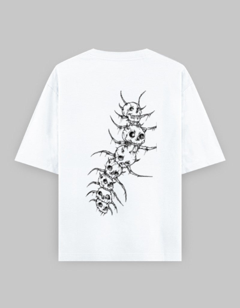White oversized skeleton hand t-shirt with black skull and bone design on the back by RIZZ UP