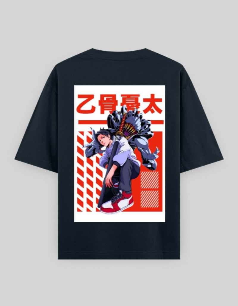 Navy blue back print graphic tee from RIZZ UP with a relaxed fit and short sleeves