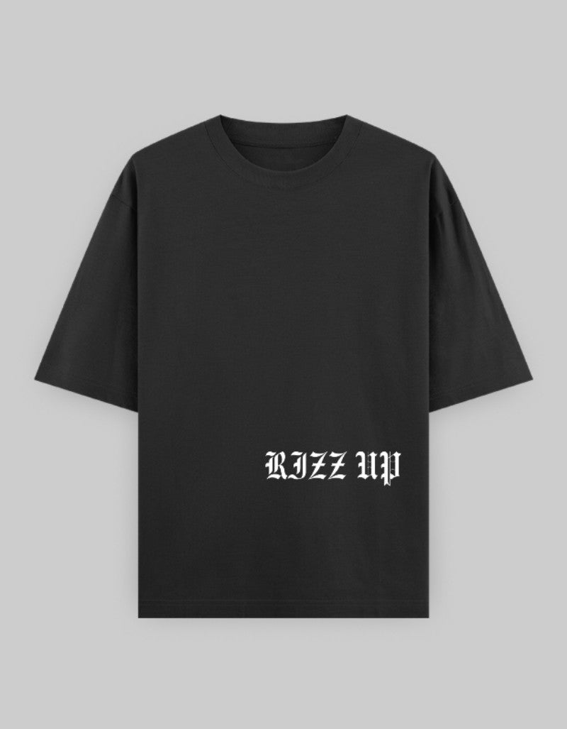 RIZZ UP Black Graphic T-Shirt with Bold White Logo Design for Casual Wear