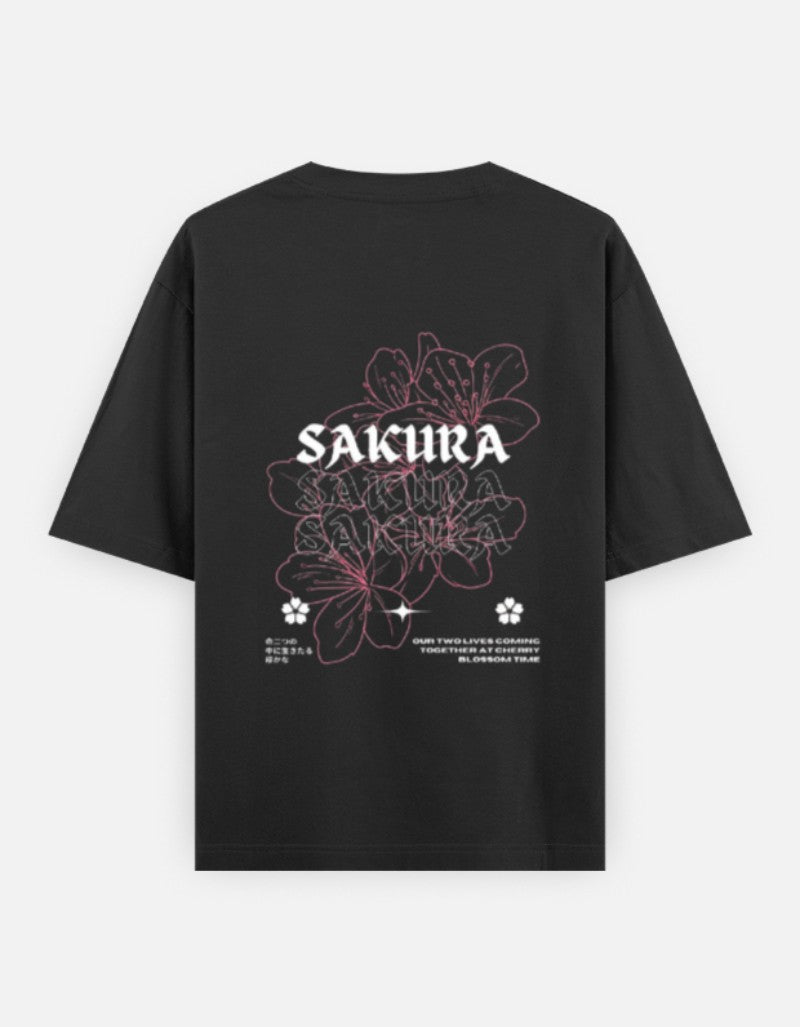 RIZZ UP Sakura Gothic t-shirt featuring a floral design on a black background