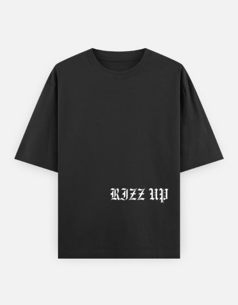 RIZZ UP Sakura Gothic t-shirt in black with bold typography design for a trendy streetwear look