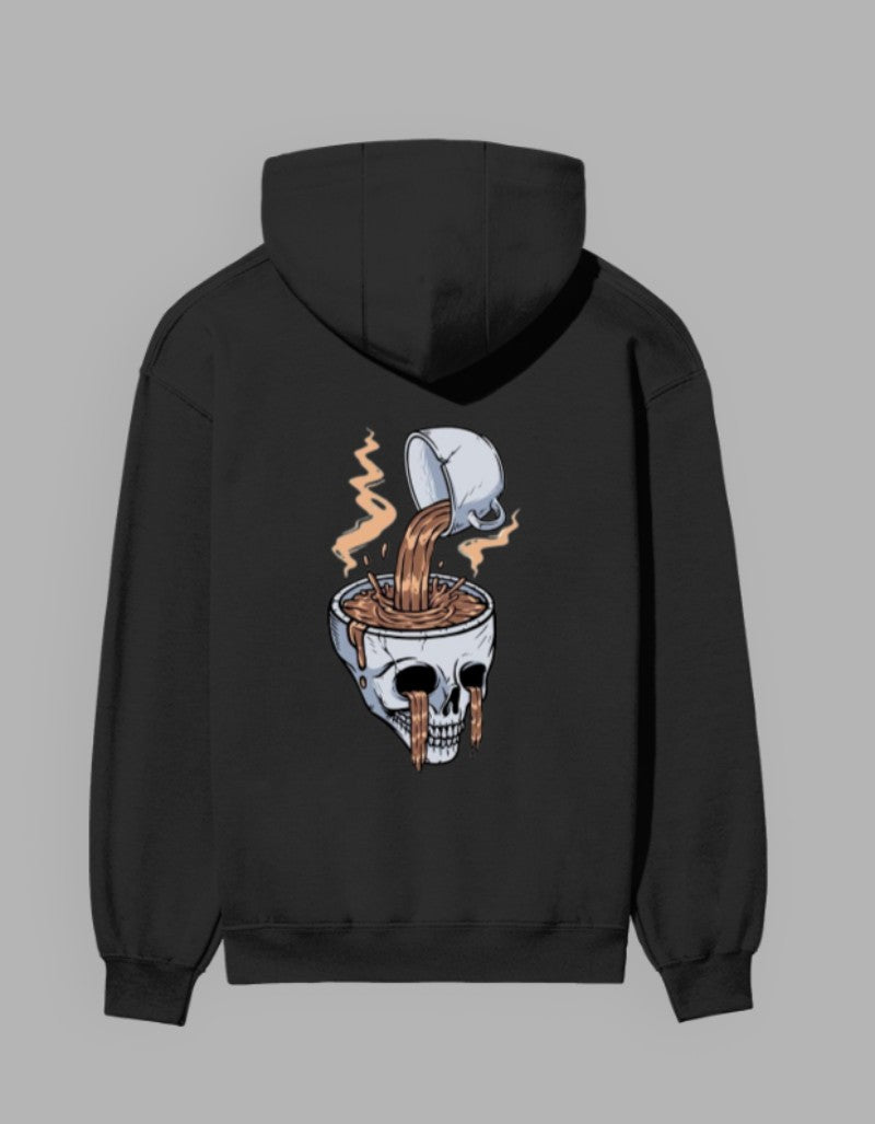 RIZZ UP black hoodie with skull hoodie fashion graphic of coffee pouring into a skull cup