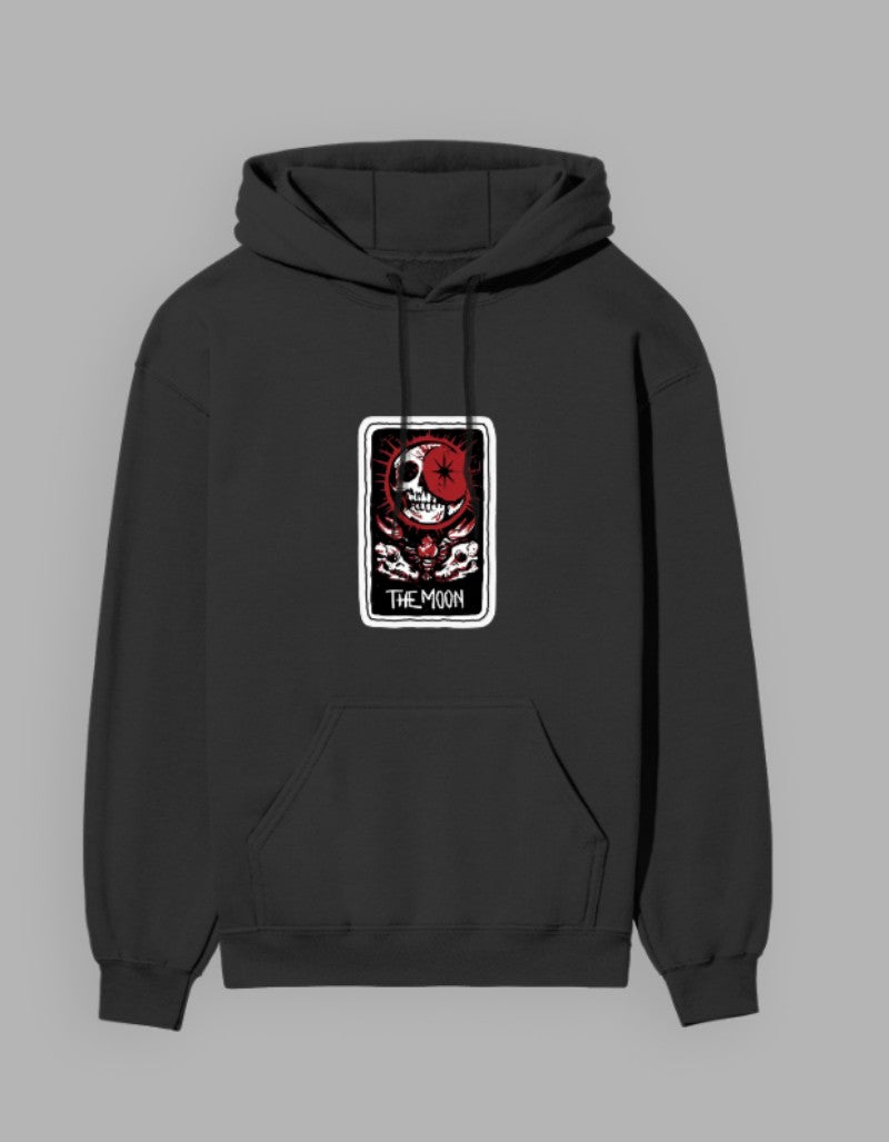 Black RIZZ UP hoodie featuring a skull design with moon graphic in skull hoodie fashion style