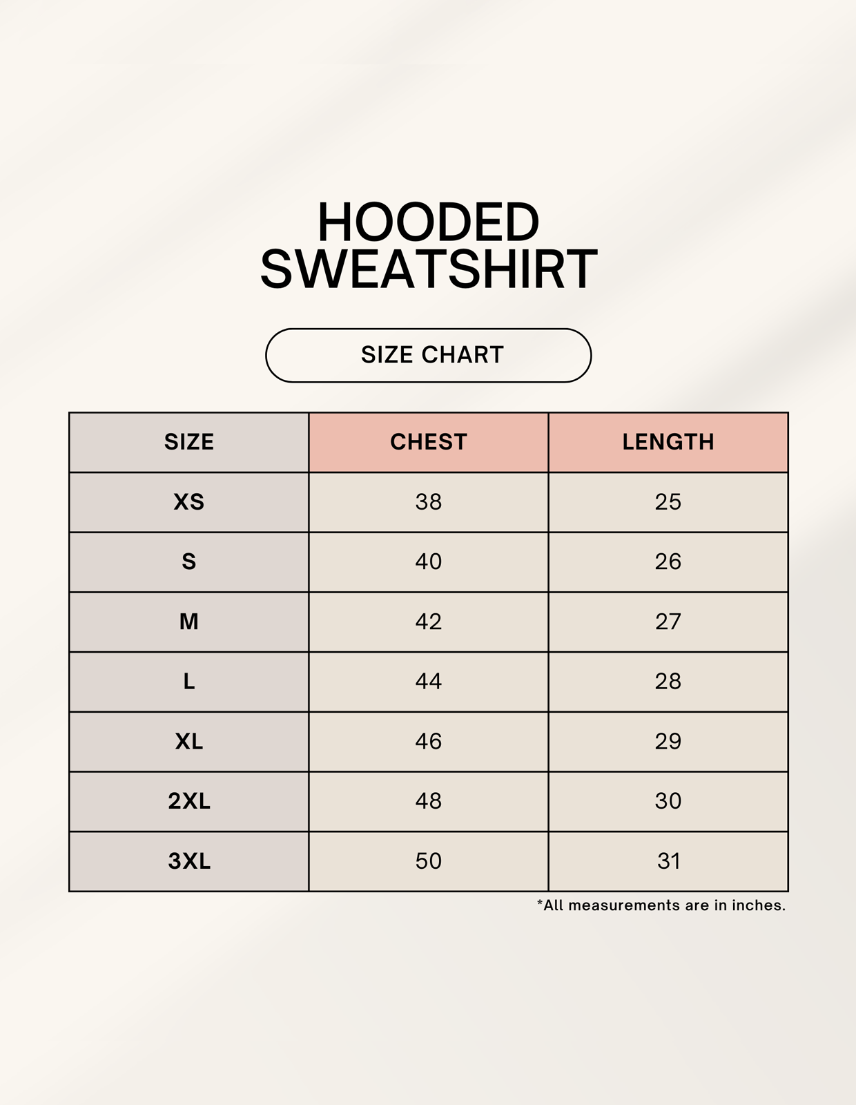 Size chart for RIZZ UP hooded sweatshirt showing chest and length measurements in inches