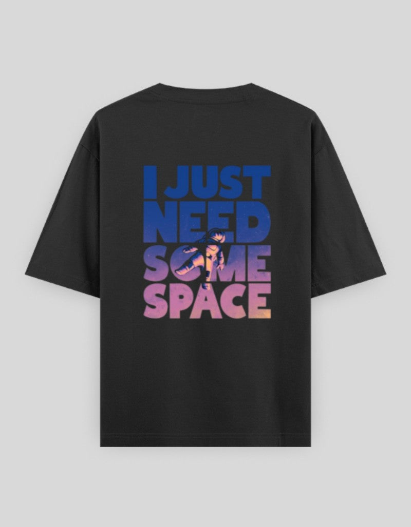 RIZZ UP Black Space Print T-Shirt featuring bold 'I Just Need Some Space' graphic design on the back