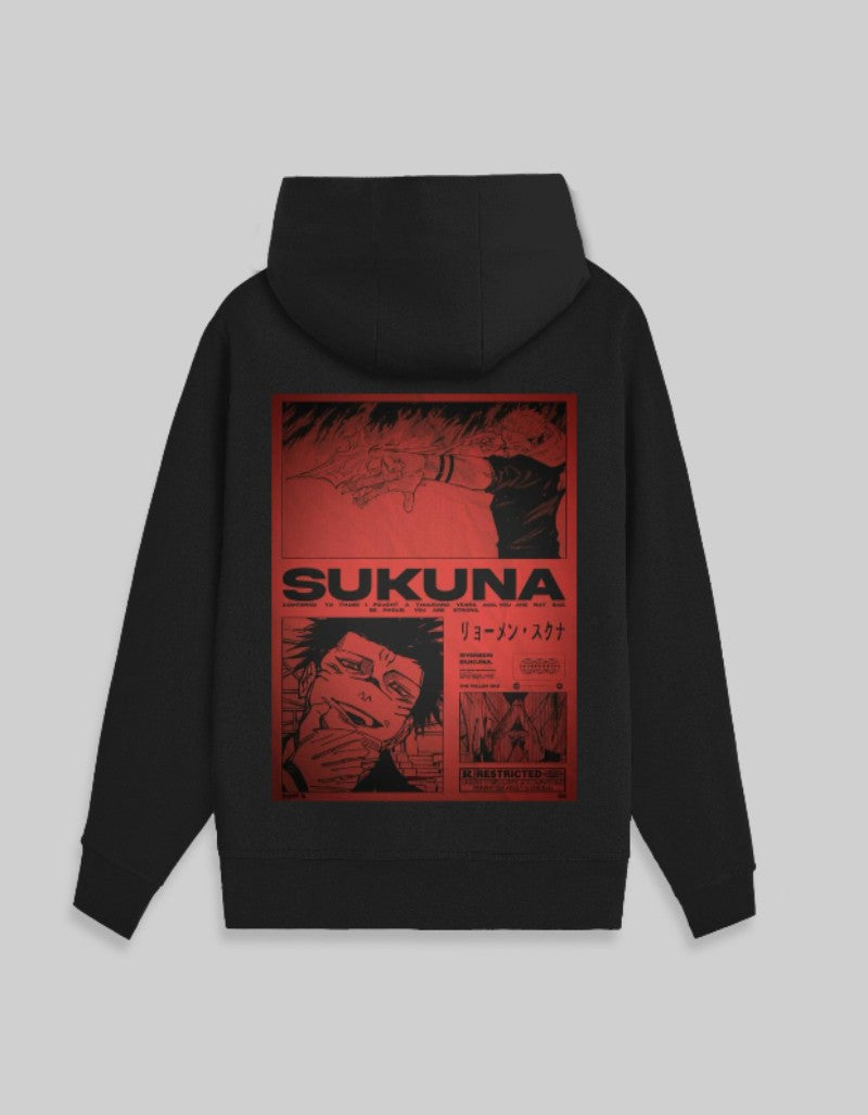 RIZZ UP Sukuna anime hoodie featuring bold graphic prints in red on a black background
