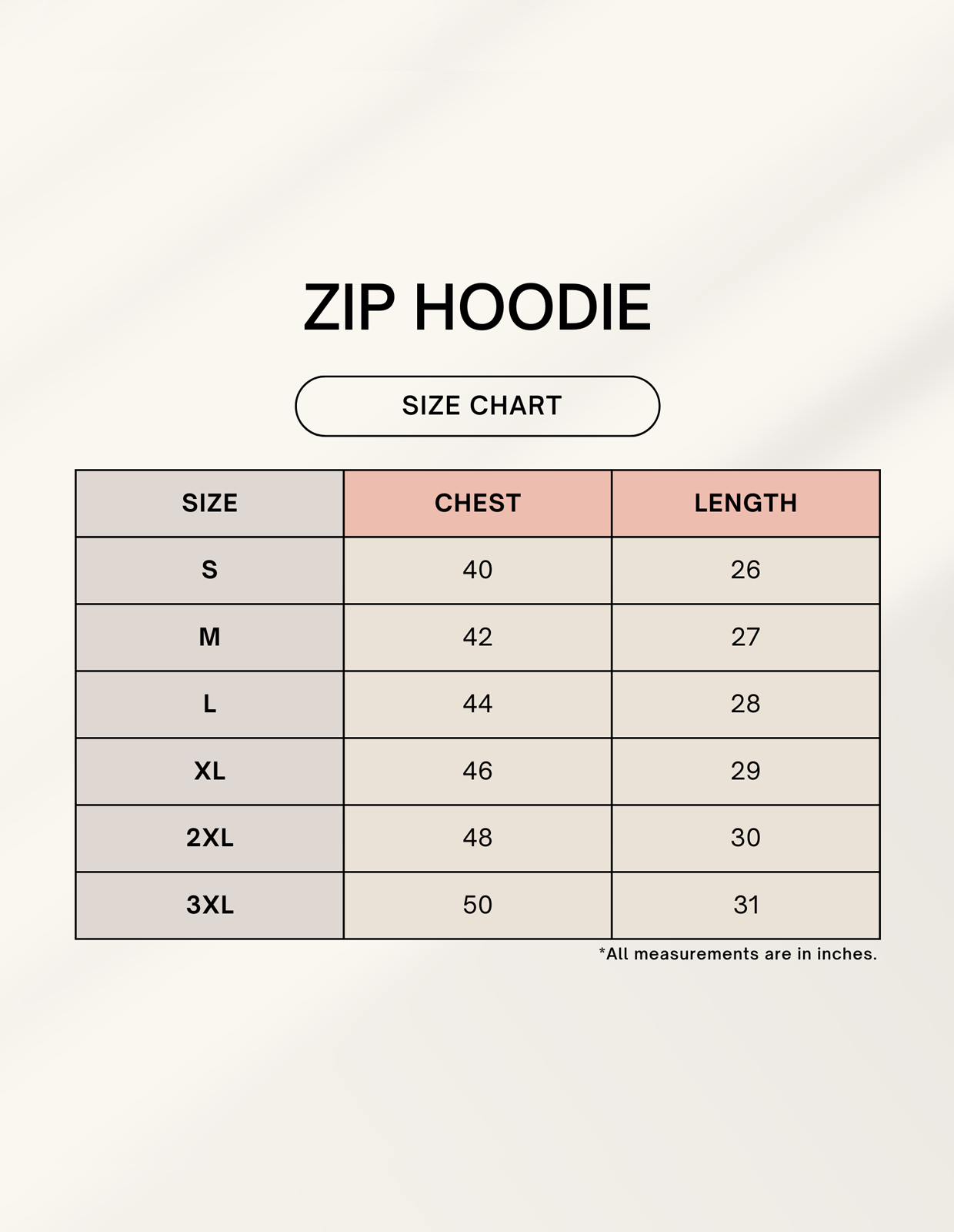 RIZZ UP Sukuna anime hoodie size chart showing measurements for S to 3XL