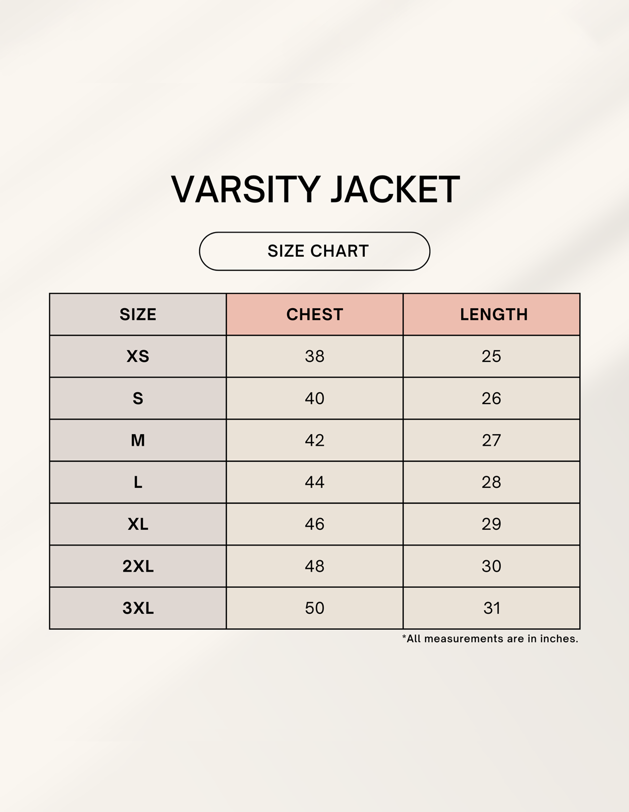 Size chart for RIZZ UP varsity jacket featuring sizes XS to 3XL for Gen Z in Tokyo style jacket