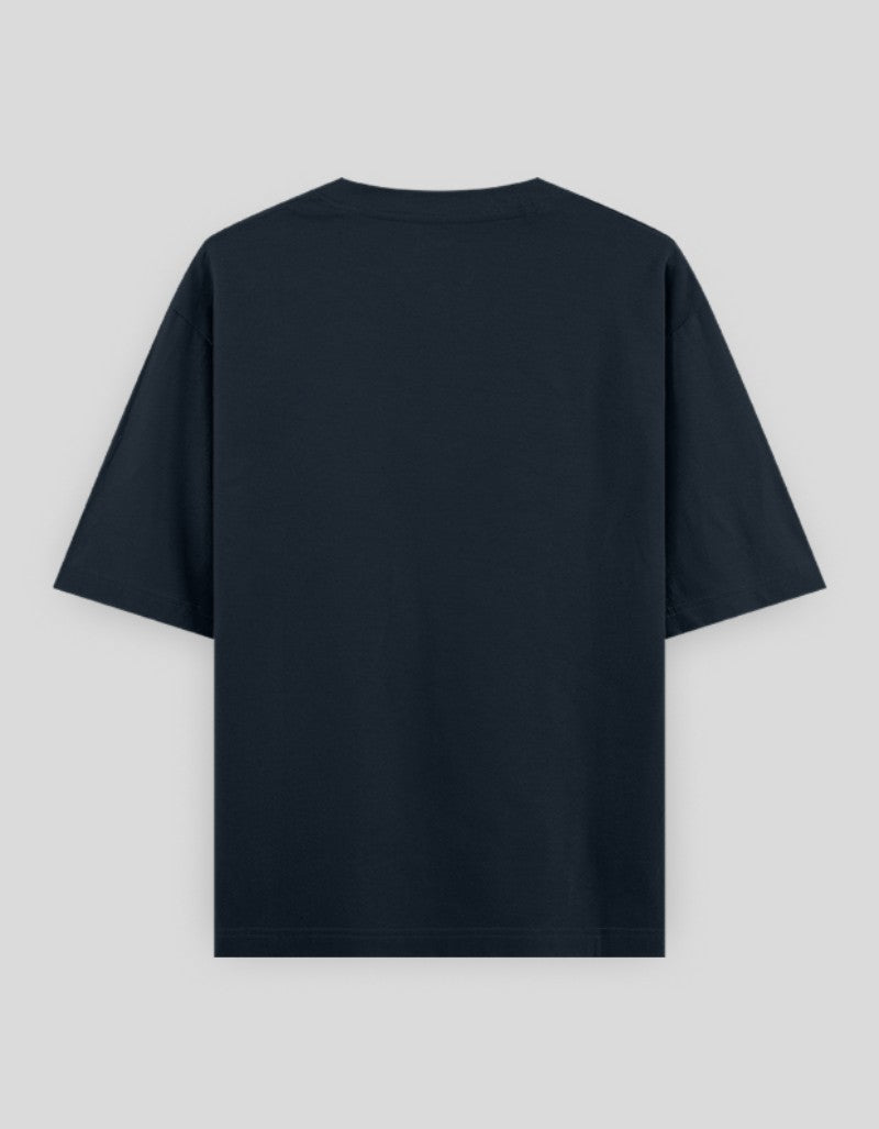 Back view of RIZZ UP Hello I'm Stressed t-shirt in navy blue featuring a relaxed fit