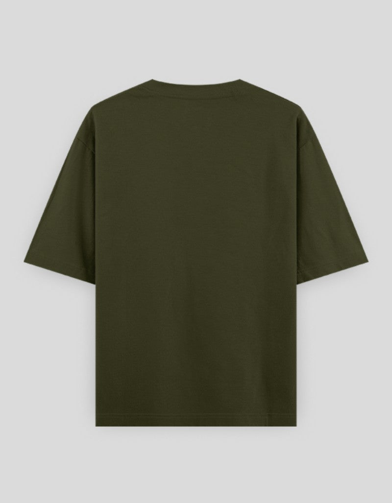 Back view of RIZZ UP Hello I'm Stressed t-shirt in olive green color with short sleeves