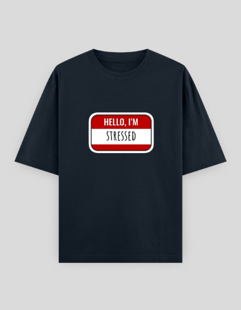 Hello I'm Stressed t-shirt in navy with bold white and red graphic design
