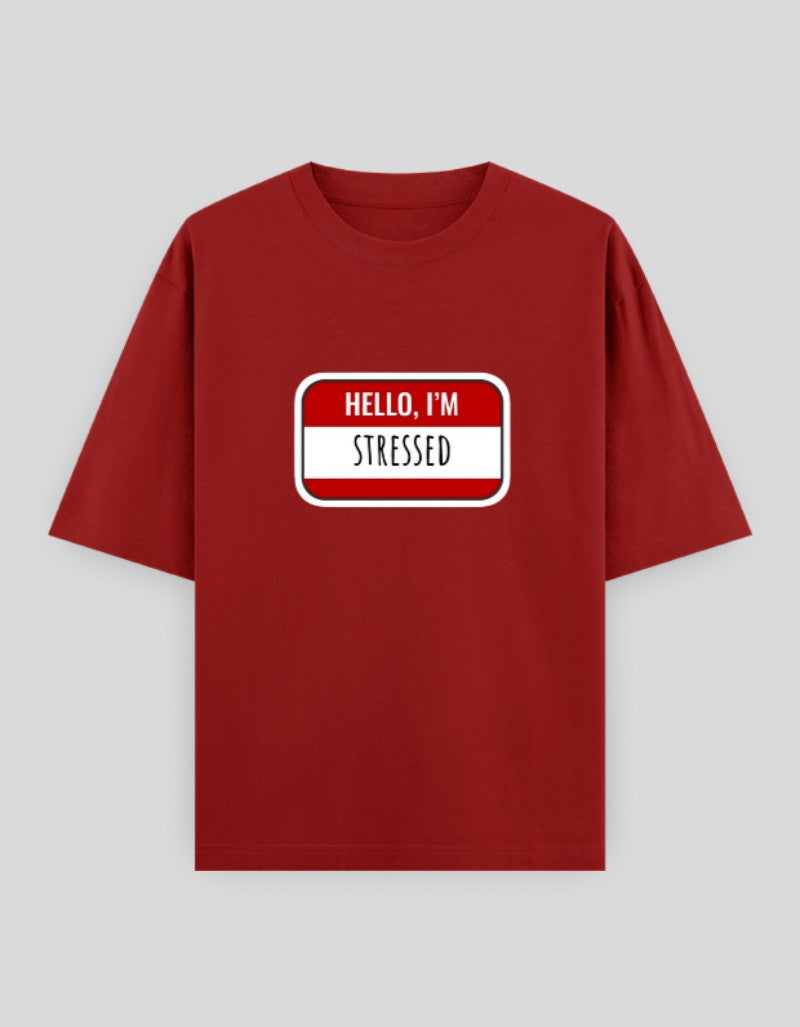 Red Hello I'm Stressed t-shirt with a bold graphic print for casual wear