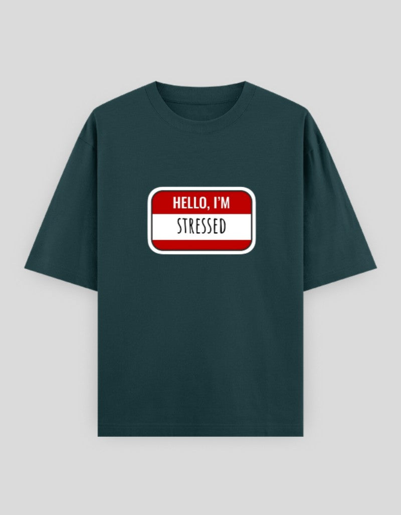 RIZZ UP Hello I'm Stressed t-shirt in dark green with a bold graphic design