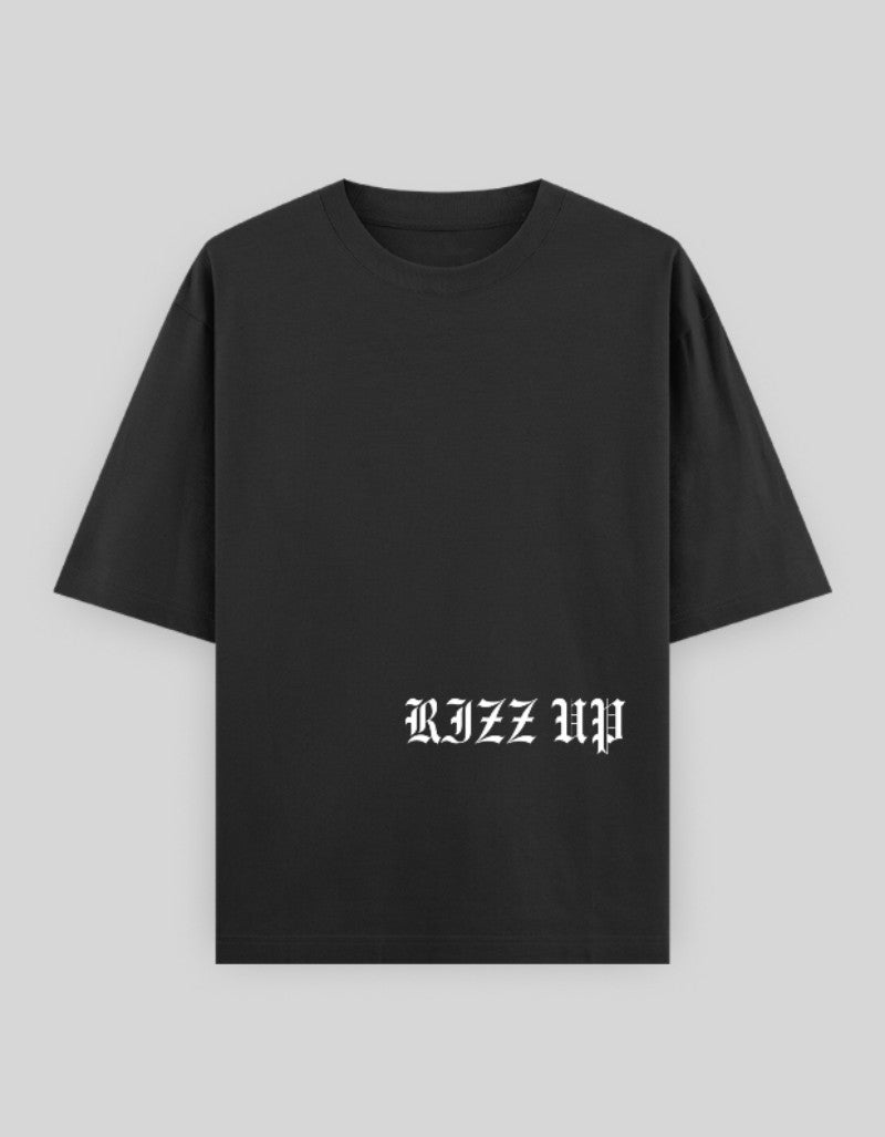 RIZZ UP Black T-Shirt with Bold Logo for Casual Streetwear Style