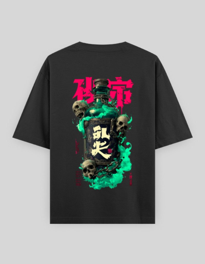 RIZZ UP Black T-Shirt featuring a Creepy Skull and Ghostly Bottle Graphic Design