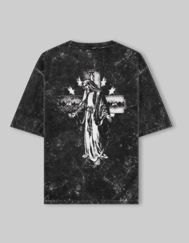 Vintage style Jesus tee in black with unique distressed design and graphic print