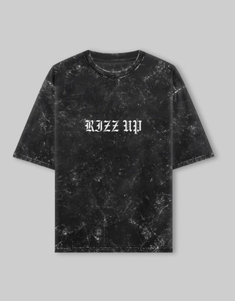 RIZZ UP vintage style Jesus tee in black with a unique marbled design and bold logo