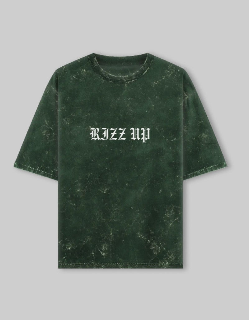 RIZZ UP vintage style Jesus tee in green featuring bold 50% IDK and 50% IDC graphic