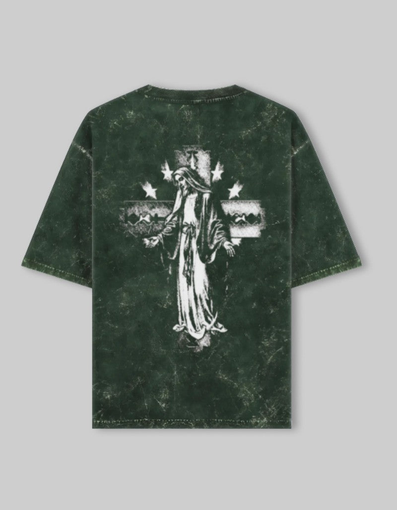 Back view of the RIZZ UP vintage style Jesus tee in green color, featuring a relaxed fit