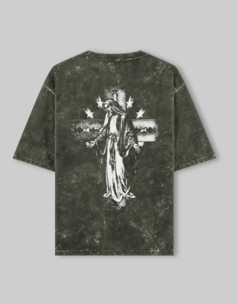 RIZZ UP vintage style Jesus tee in olive green with unique graphic on the back
